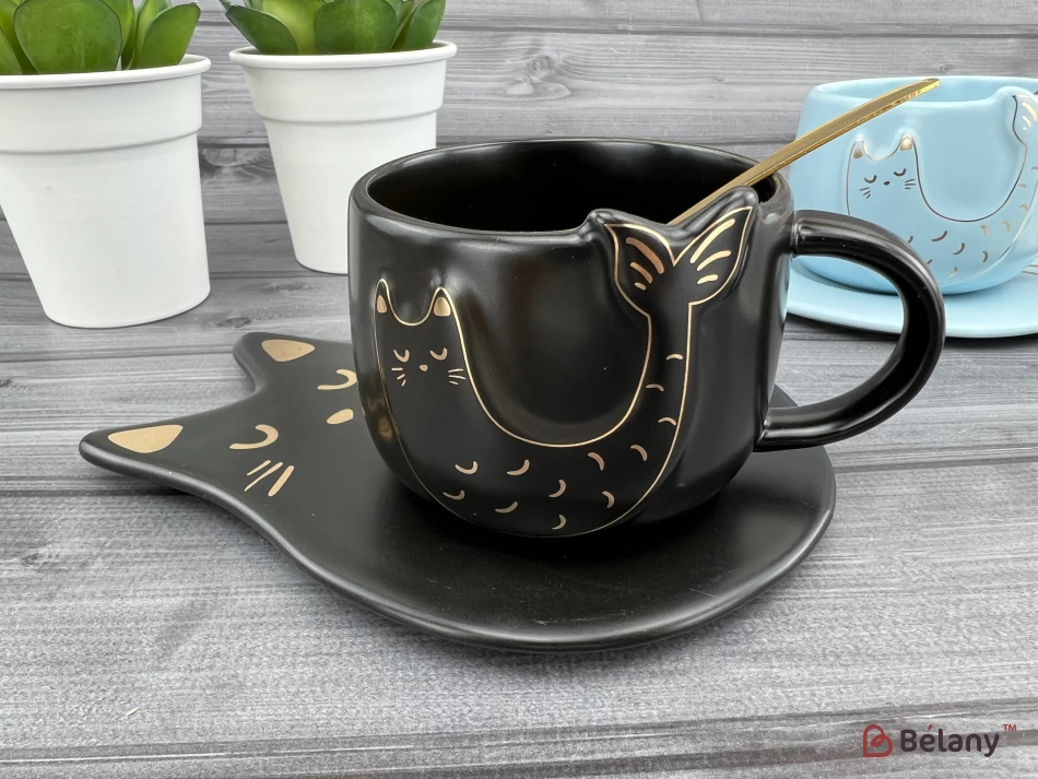 Ceașcă Și Farfurie Din Ceramică „Fishcat” Neagră