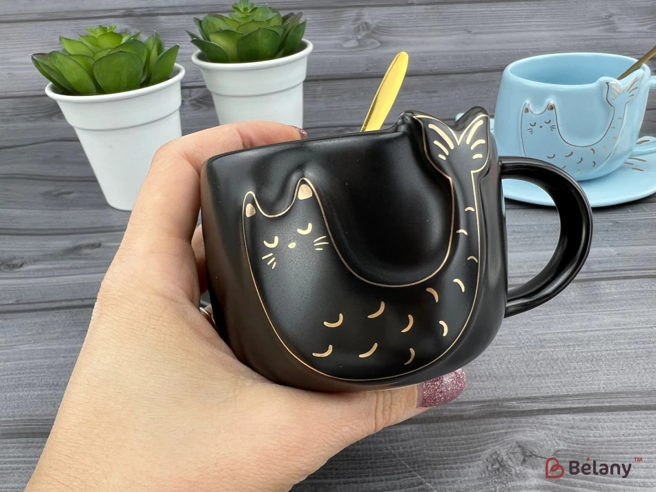 Ceașcă Și Farfurie Din Ceramică „Fishcat” Neagră | 2