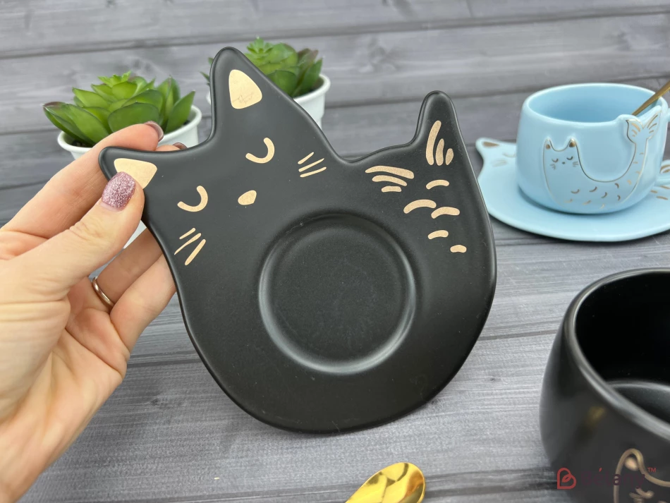 Ceașcă Și Farfurie Din Ceramică „Fishcat” Neagră | 4