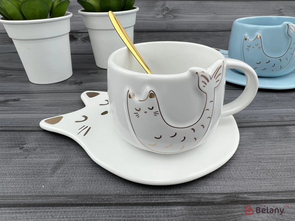 Pahar Si Farfurie Din Ceramica "fishcat" Alb