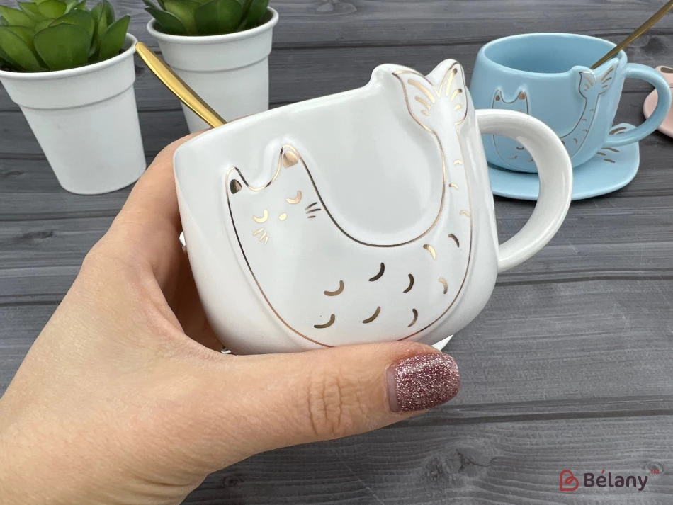 Pahar Si Farfurie Din Ceramica "fishcat" Alb | 2