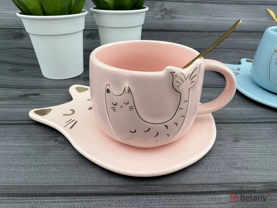 Cana Si Farfuria Din Ceramica "fishcat" Roz