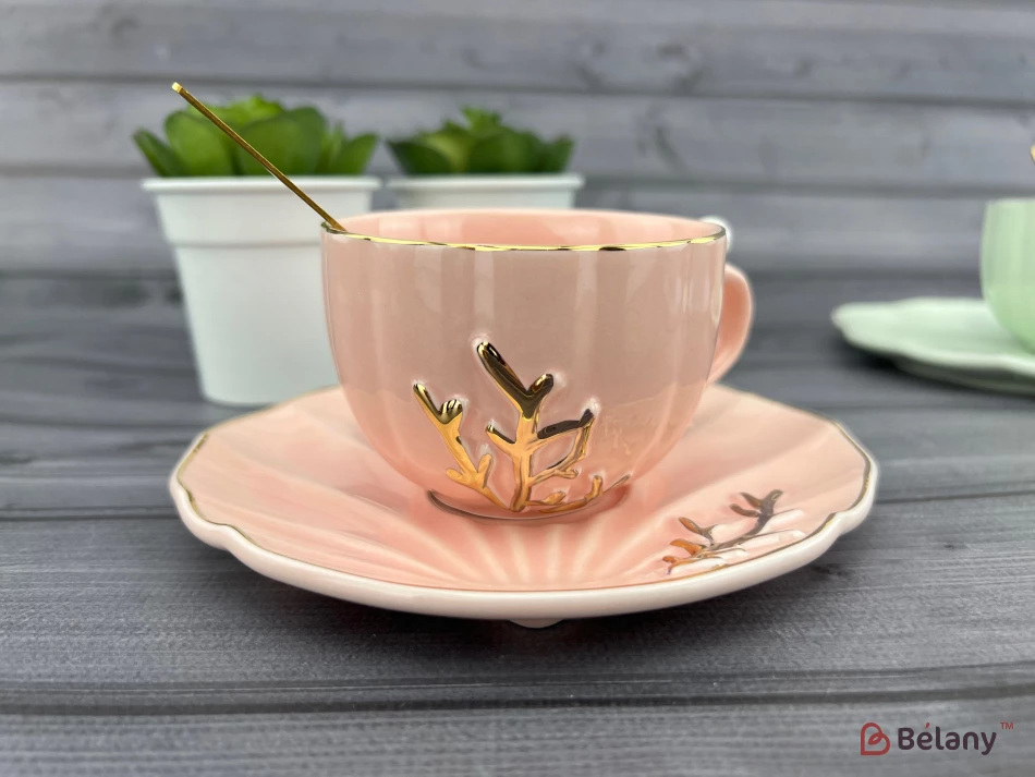 Ceașcă Și Farfurie Din Ceramică „Reef” Roz