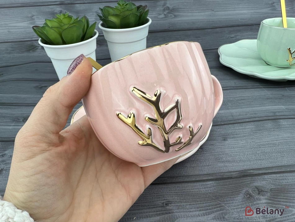 Ceașcă Și Farfurie Din Ceramică „Reef” Roz | 2