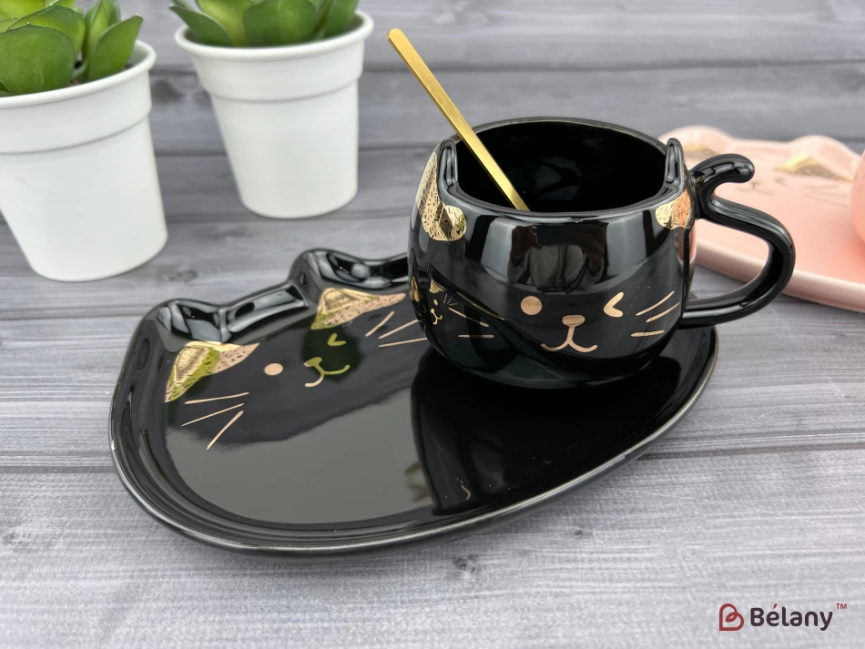 Cană Și Farfurie Din Ceramică „Urechi De Aur” Neagră