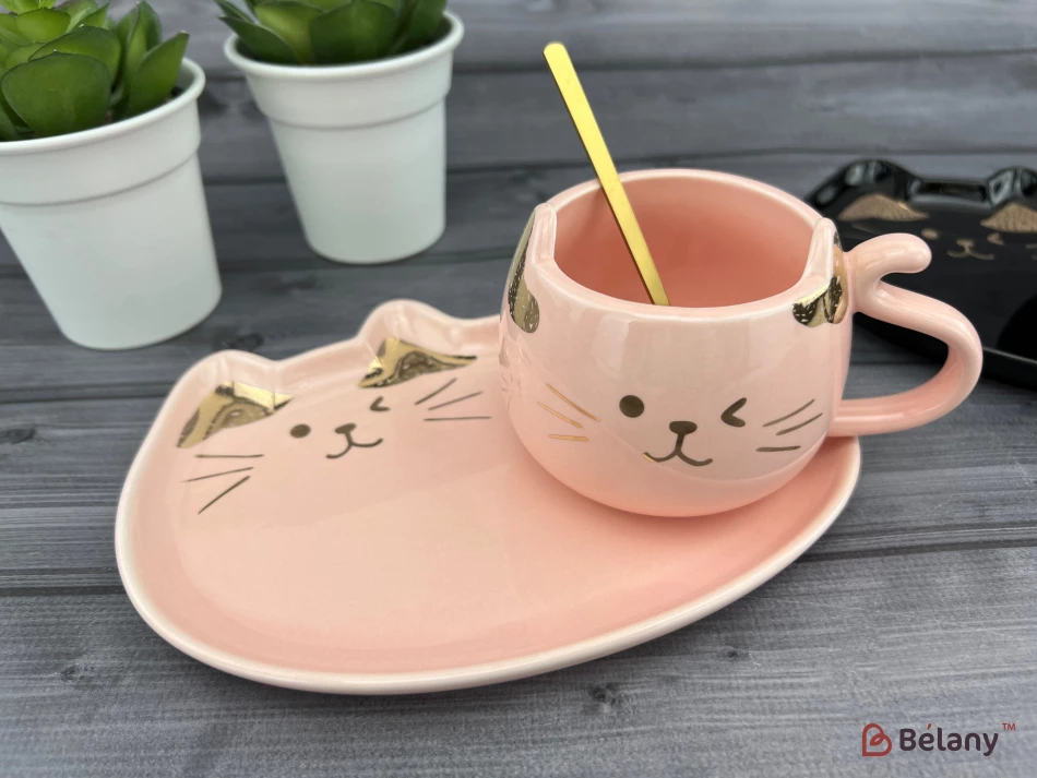 Ceașcă Și Farfurie Din Ceramică „Urechi De Aur” Roz