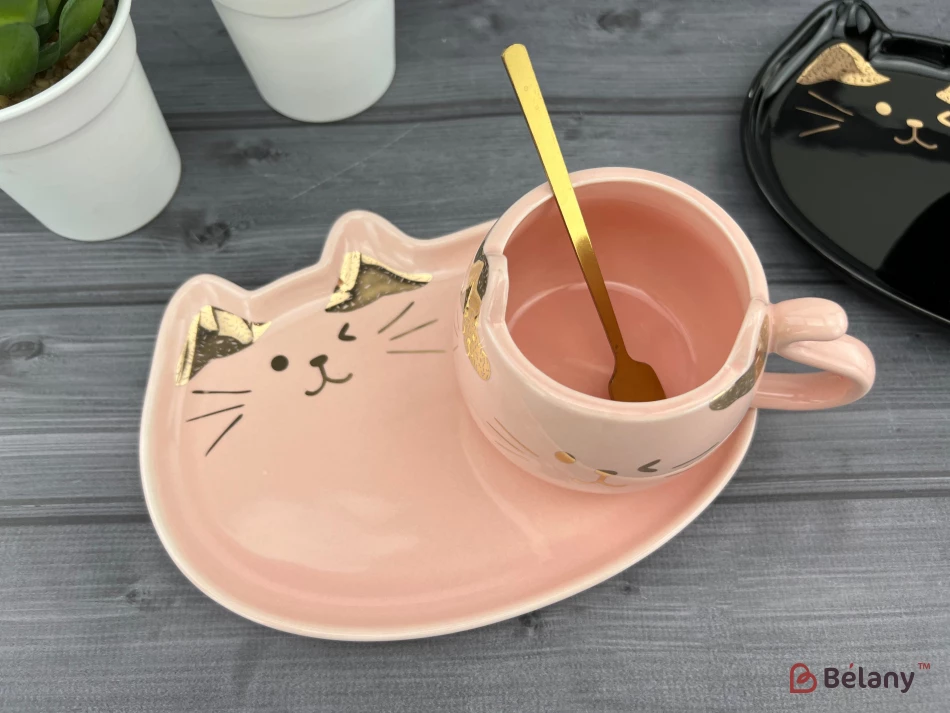 Ceașcă Și Farfurie Din Ceramică „Urechi De Aur” Roz | 3