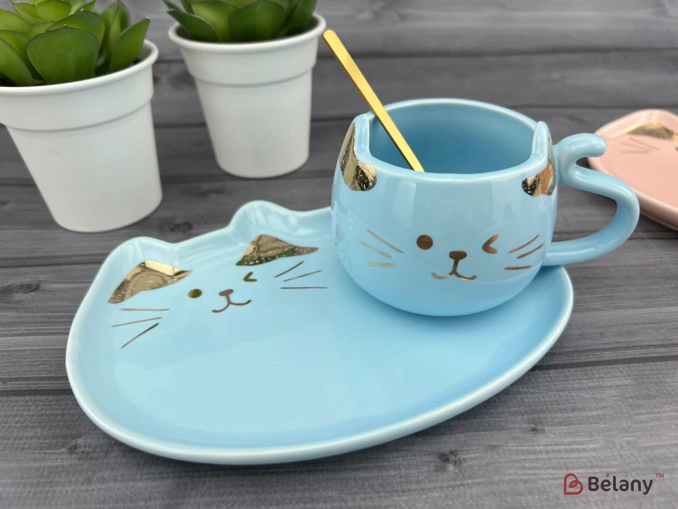 Pahar Si Farfurie Din Ceramica "urechi De Aur" Albastru