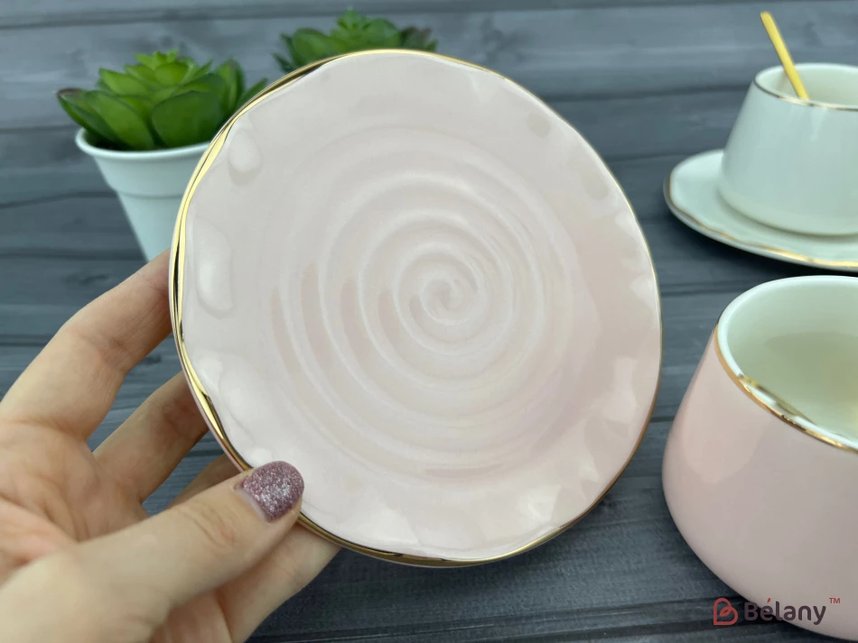 Pahar Si Farfurie Din Ceramica "gold Edge" Roz | 3
