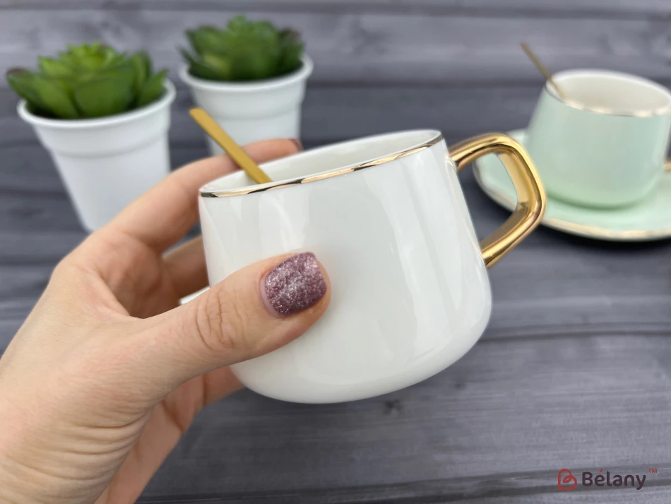 Pahar Si Farfurie Din Ceramica "gold Edge" Alb | 2