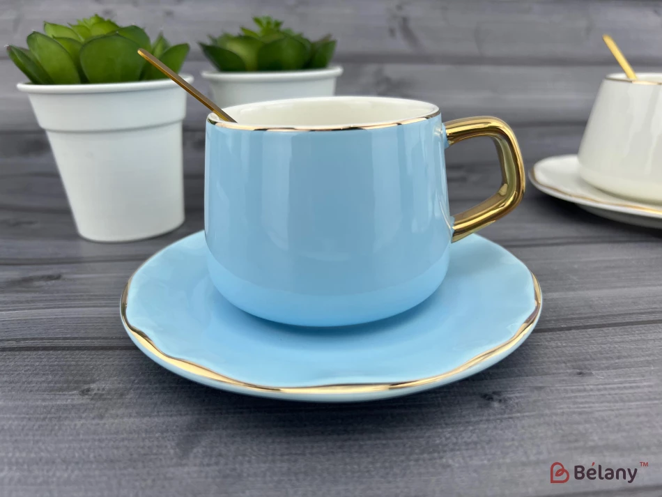 Pahar Si Farfurie Din Ceramica "gold Edge" Albastru