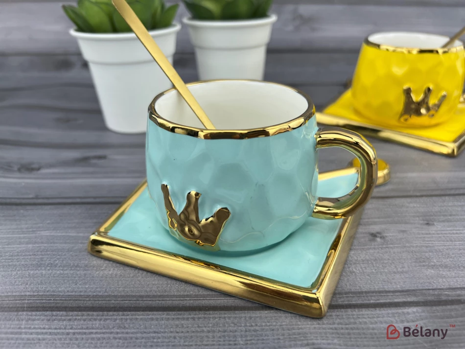 Pahar Si Farfurie Din Ceramica "coroana De Aur" Albastra