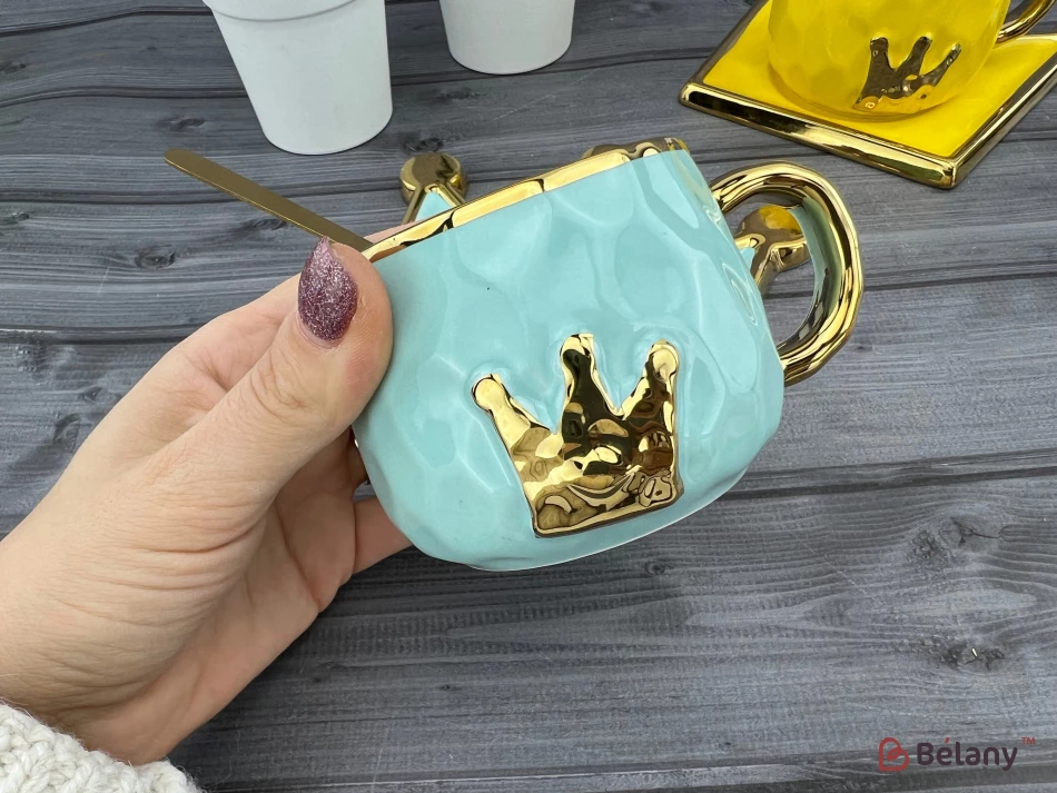 Pahar Si Farfurie Din Ceramica "coroana De Aur" Albastra | 2