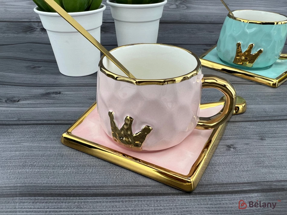 Pahar Si Farfurie Din Ceramica "coroana De Aur" Roz