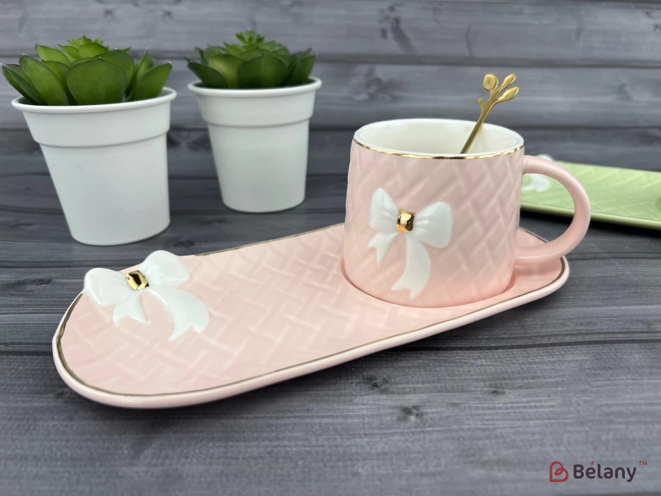 Cana Si Farfurie Din Ceramica "softy Bow" Roz