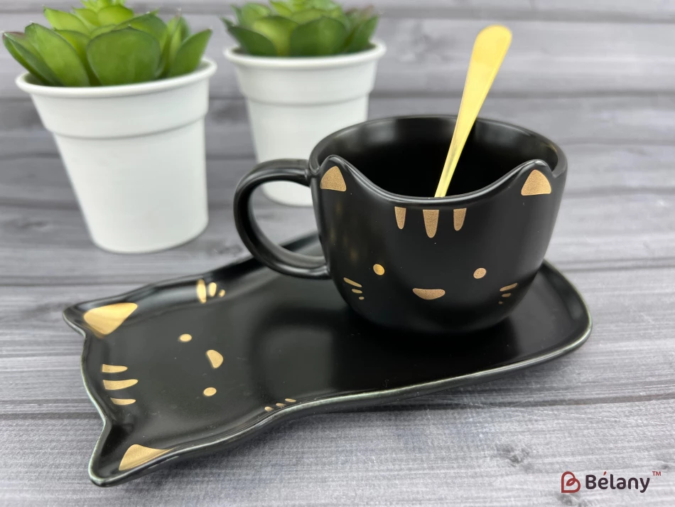 Cana Si Farfuria Din Ceramica "miau" Neagra