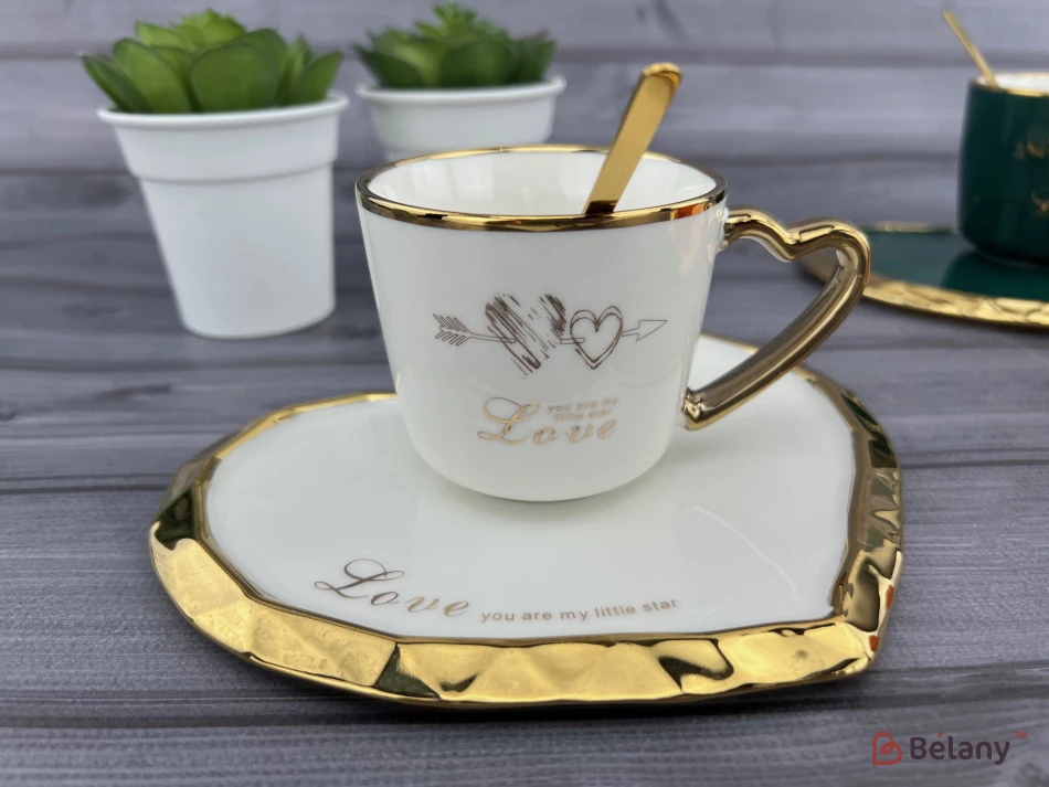 Pahar Si Farfurie Din Ceramica "deep Gold Heart" Alb