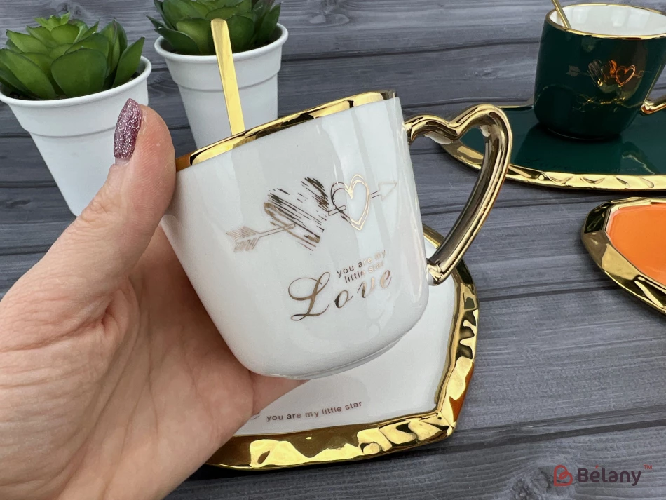 Pahar Si Farfurie Din Ceramica "deep Gold Heart" Alb | 2