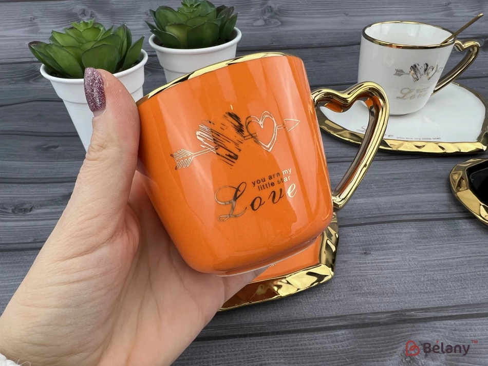 Ceașcă Și Farfurie Din Ceramică „Deep Gold Heart” Portocaliu | 2