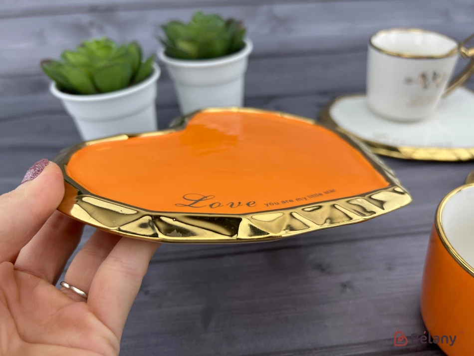Ceașcă Și Farfurie Din Ceramică „Deep Gold Heart” Portocaliu | 3