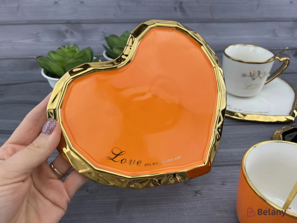 Ceașcă Și Farfurie Din Ceramică „Deep Gold Heart” Portocaliu | 4