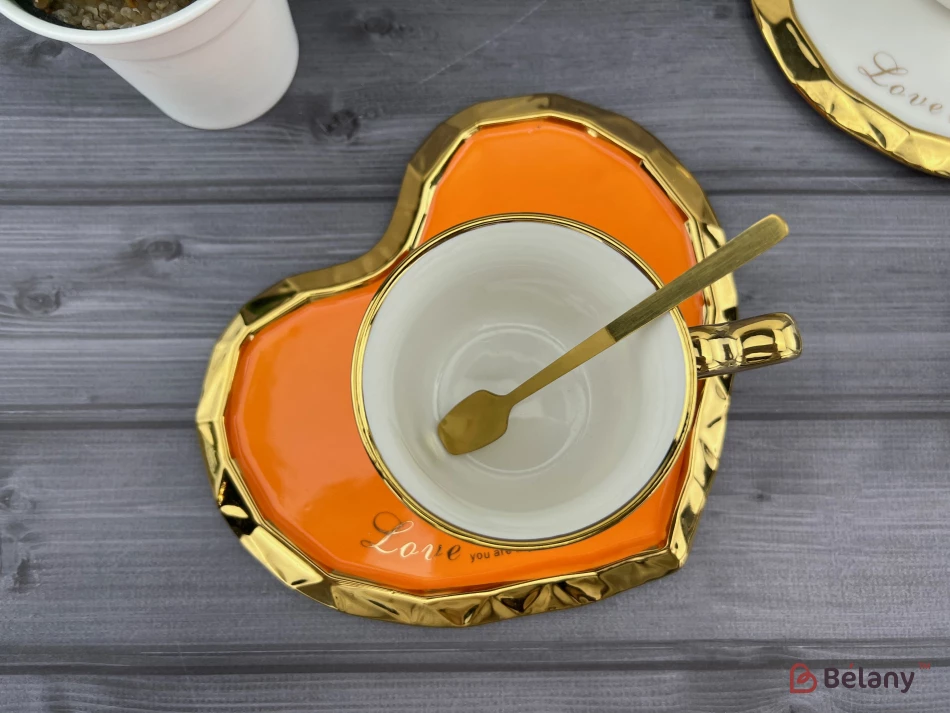 Ceașcă Și Farfurie Din Ceramică „Deep Gold Heart” Portocaliu | 5