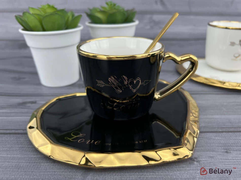 Pahar Si Farfurie Din Ceramica "deep Gold Heart" Neagra