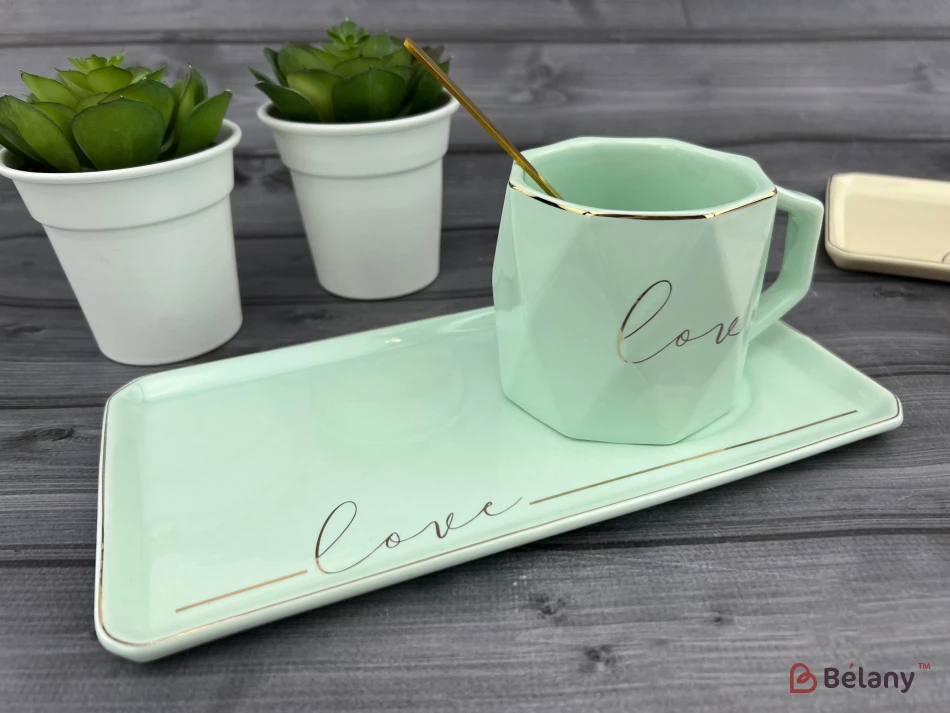 Cana Si Farfuria Din Ceramica "love It" Albastru