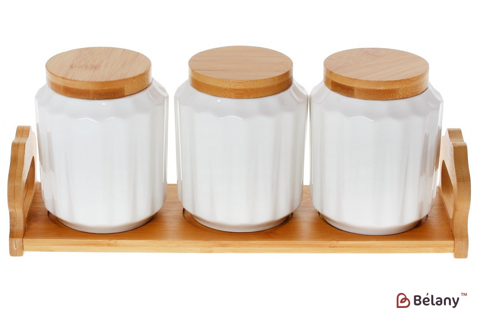 Набор банок на бамбуковой подставке "White" (3 шт) 600 мл