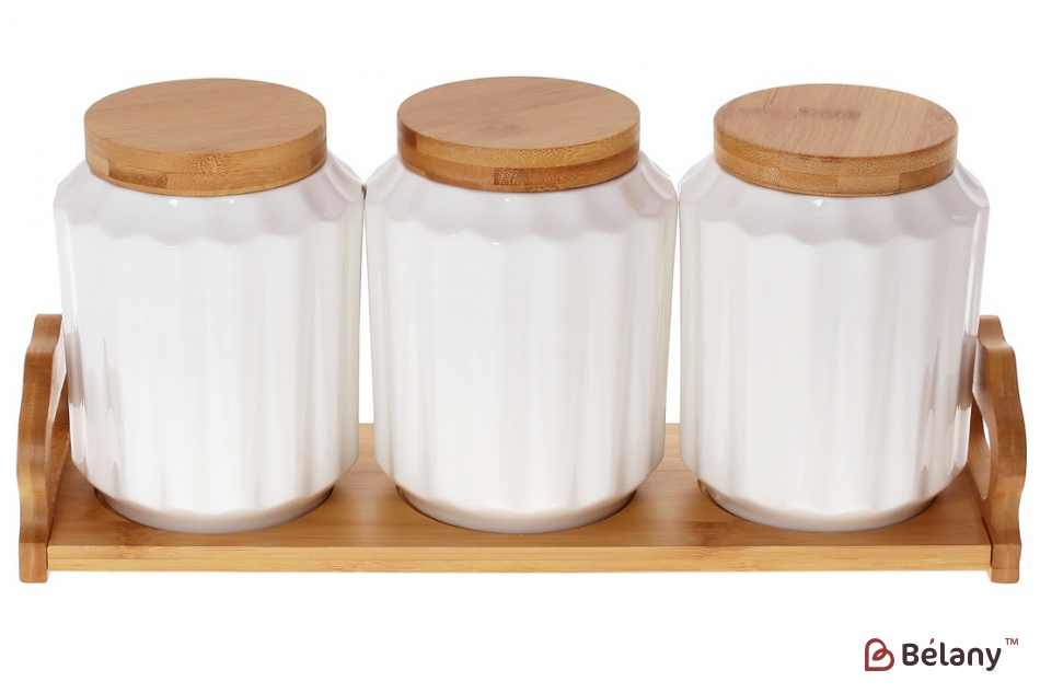 Набор банок с ложками на бамбуковой подставке "White" (3 шт) 350 мл