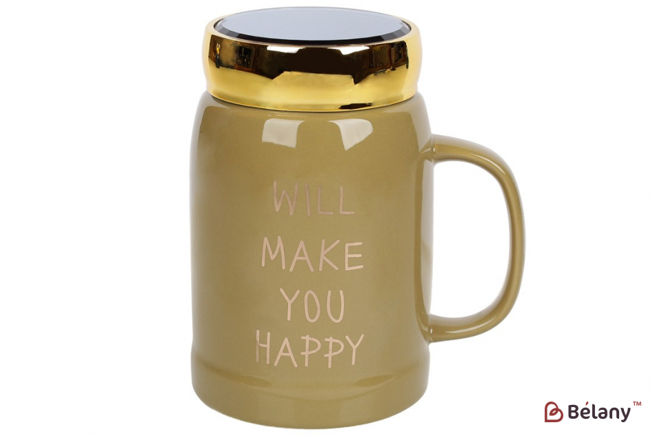 Фарфоровая кружка с крышкой из пластика 550 мл "Happy "