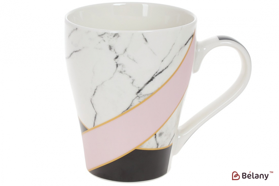 Фарфоровая кружка 400 мл  "Marble",белая с розовым