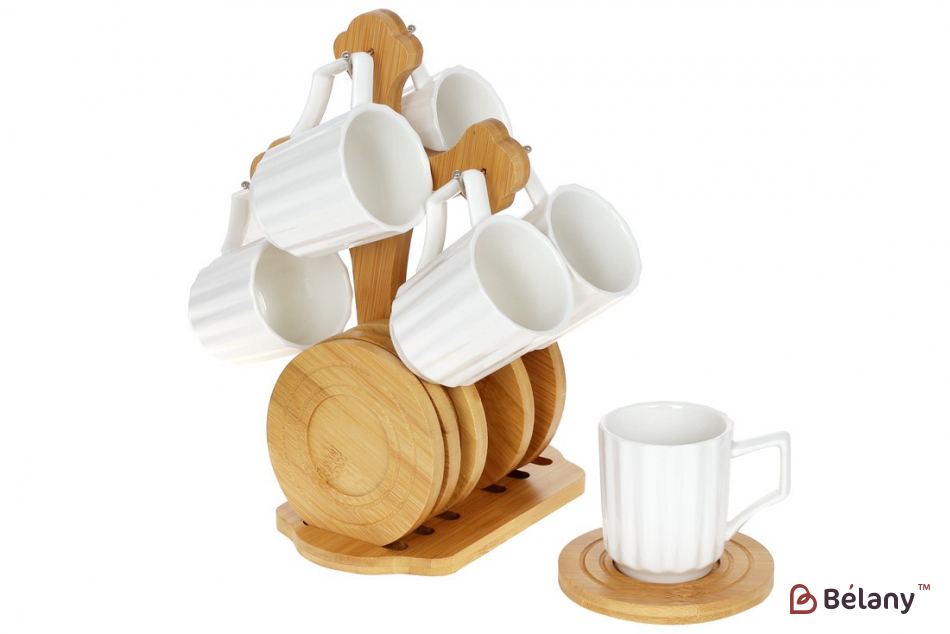 Фарфоровый кофейный набор (6 чашек 160 мл, 6 деревянных подставок)  "Naturelle" на бамбуковой подставке