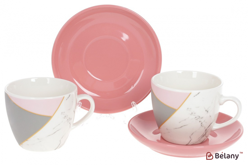 Фарфоровый кофейный набор 240 мл( 2 чашки с блюдцами) "Marble"белый с розовым