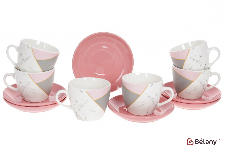 Фарфоровый кофейный набор 240 мл( 6 чашек с блюдцами) "Marble"белый с розовым
