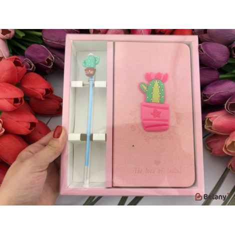 Notebook Set Cu Cactus Roz „Happiness” Cu Stilou
