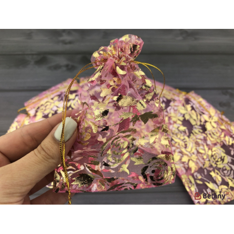 Pungi Din Organza "flori" 9X12 Roz