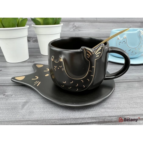 Ceașcă Și Farfurie Din Ceramică „Fishcat” Neagră