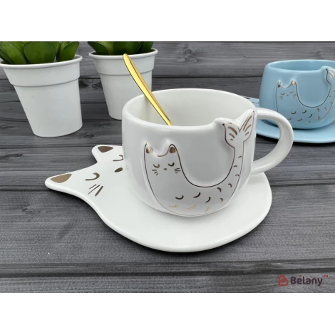 Pahar Si Farfurie Din Ceramica "fishcat" Alb