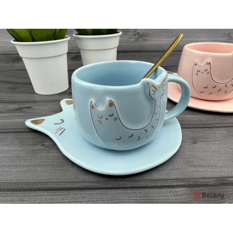 Cana Si Farfuria Din Ceramica "fishcat" Albastru