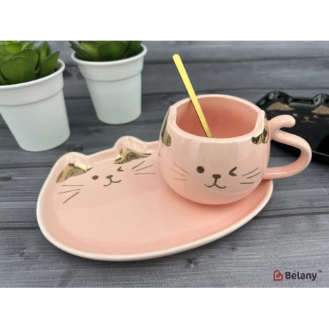 Ceașcă Și Farfurie Din Ceramică „Urechi De Aur” Roz