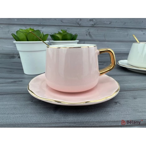 Pahar Si Farfurie Din Ceramica "gold Edge" Roz