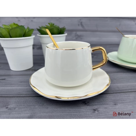 Pahar Si Farfurie Din Ceramica "gold Edge" Alb