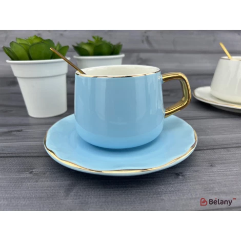 Pahar Si Farfurie Din Ceramica "gold Edge" Albastru