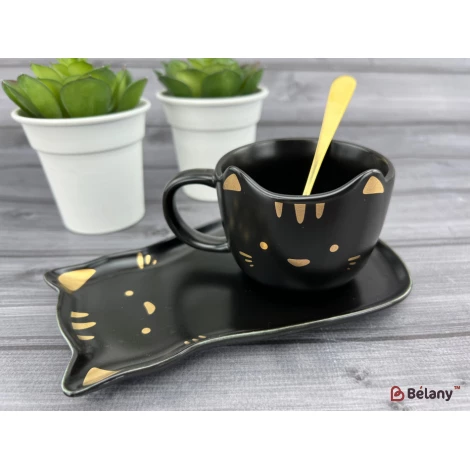 Cana Si Farfuria Din Ceramica "miau" Neagra