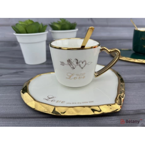 Pahar Si Farfurie Din Ceramica "deep Gold Heart" Alb