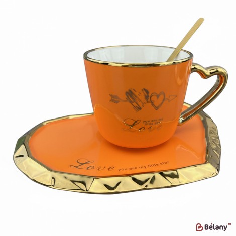 Ceașcă Și Farfurie Din Ceramică „Deep Gold Heart” Portocaliu