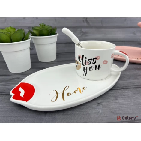 Cana Si Farfuria Din Ceramica "kiss Me" Alb