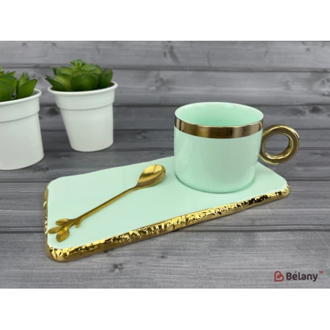 Pahar Si Farfurie Din Ceramica "gold Edge" Menta