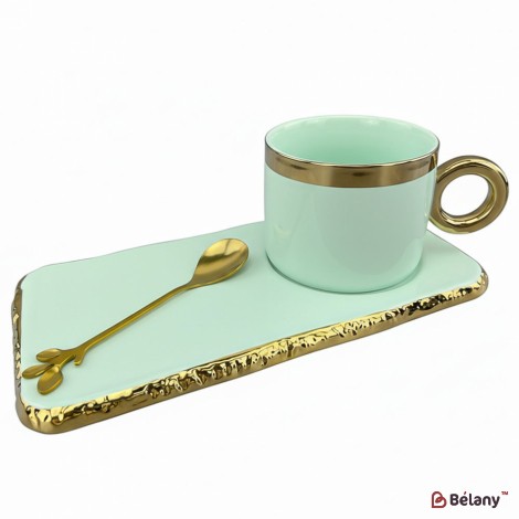 Pahar Si Farfurie Din Ceramica "gold Edge" Menta